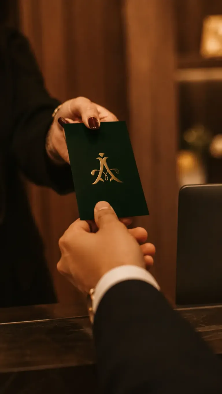A gold-embossed Aureaux card passed to a client across the desk