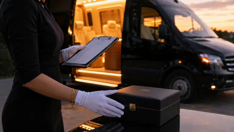 A white-gloved courier checking the manifest beside an Aureaux delivery vehicle at dusk