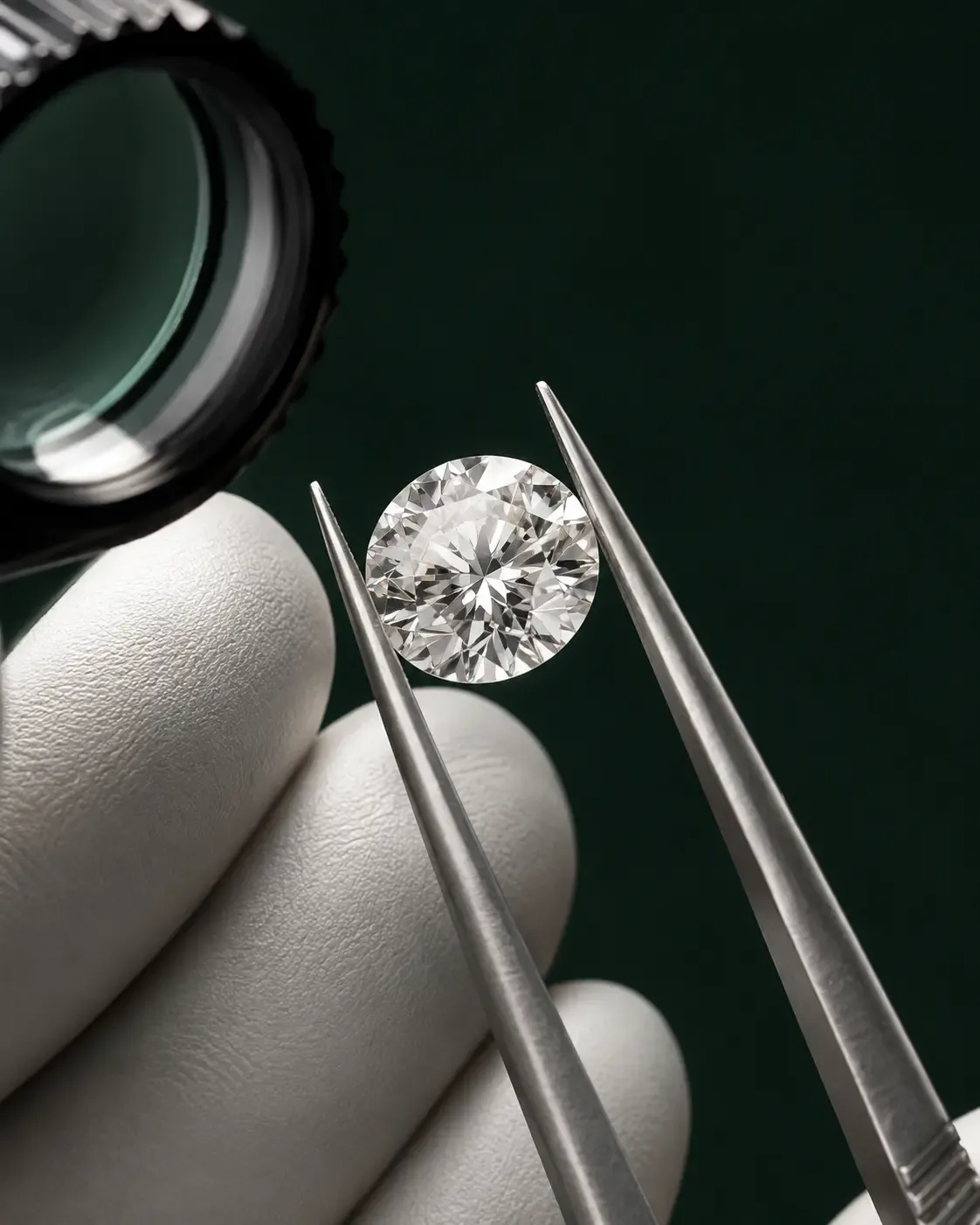 A loose diamond held in tweezers over a gloved hand
