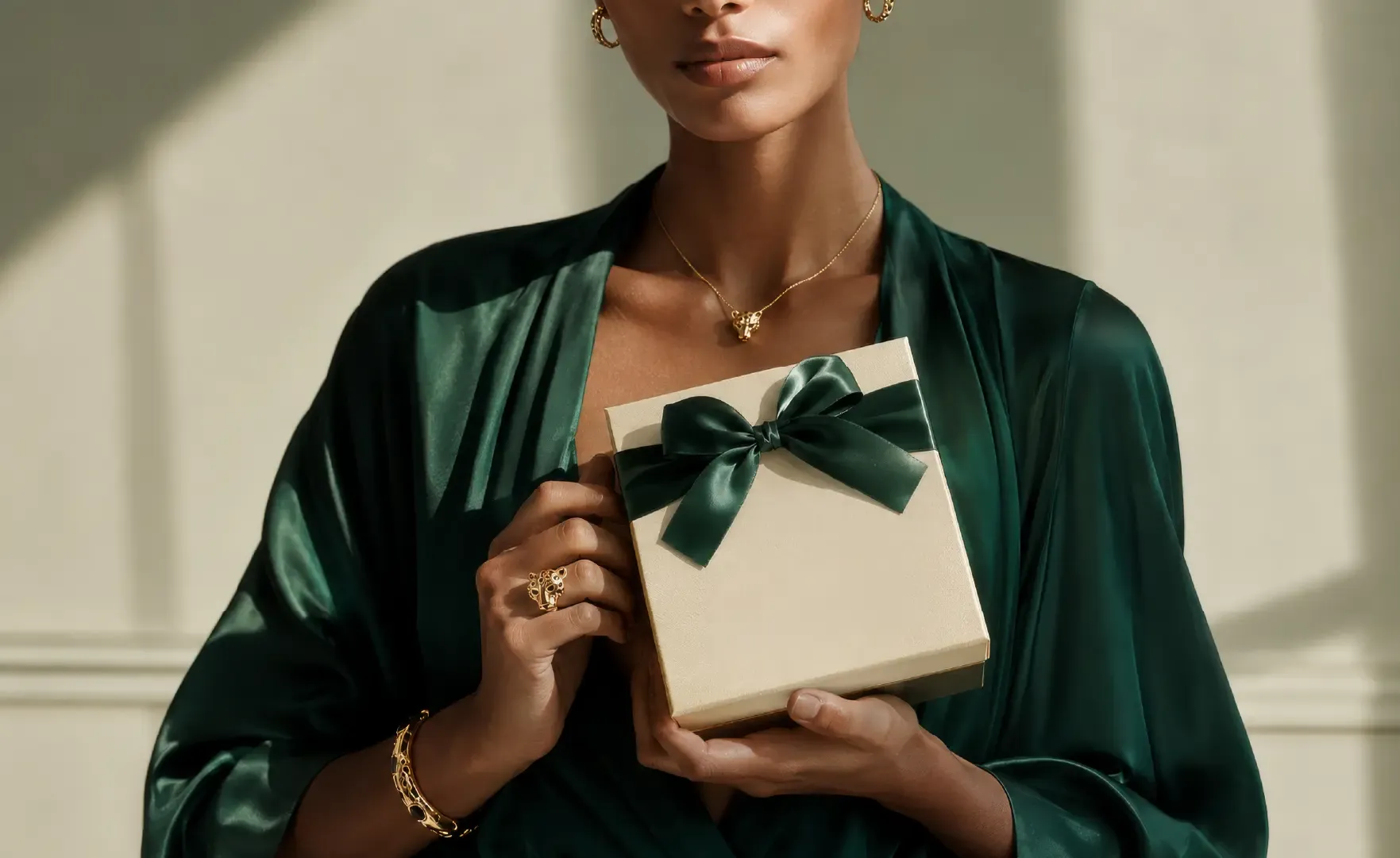 A client in emerald silk holding a ribbon-tied Aureaux gift box
