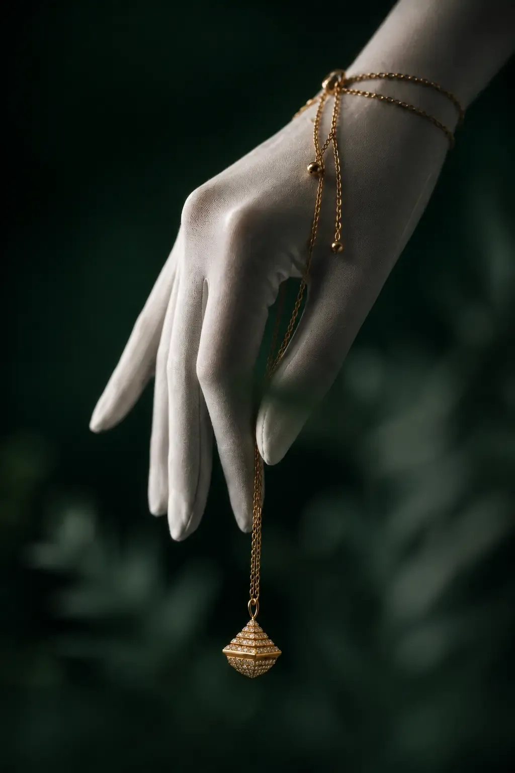 A gloved hand holding a gold pendant necklace