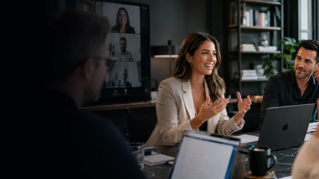 A founder-led video consultation in a private meeting room
