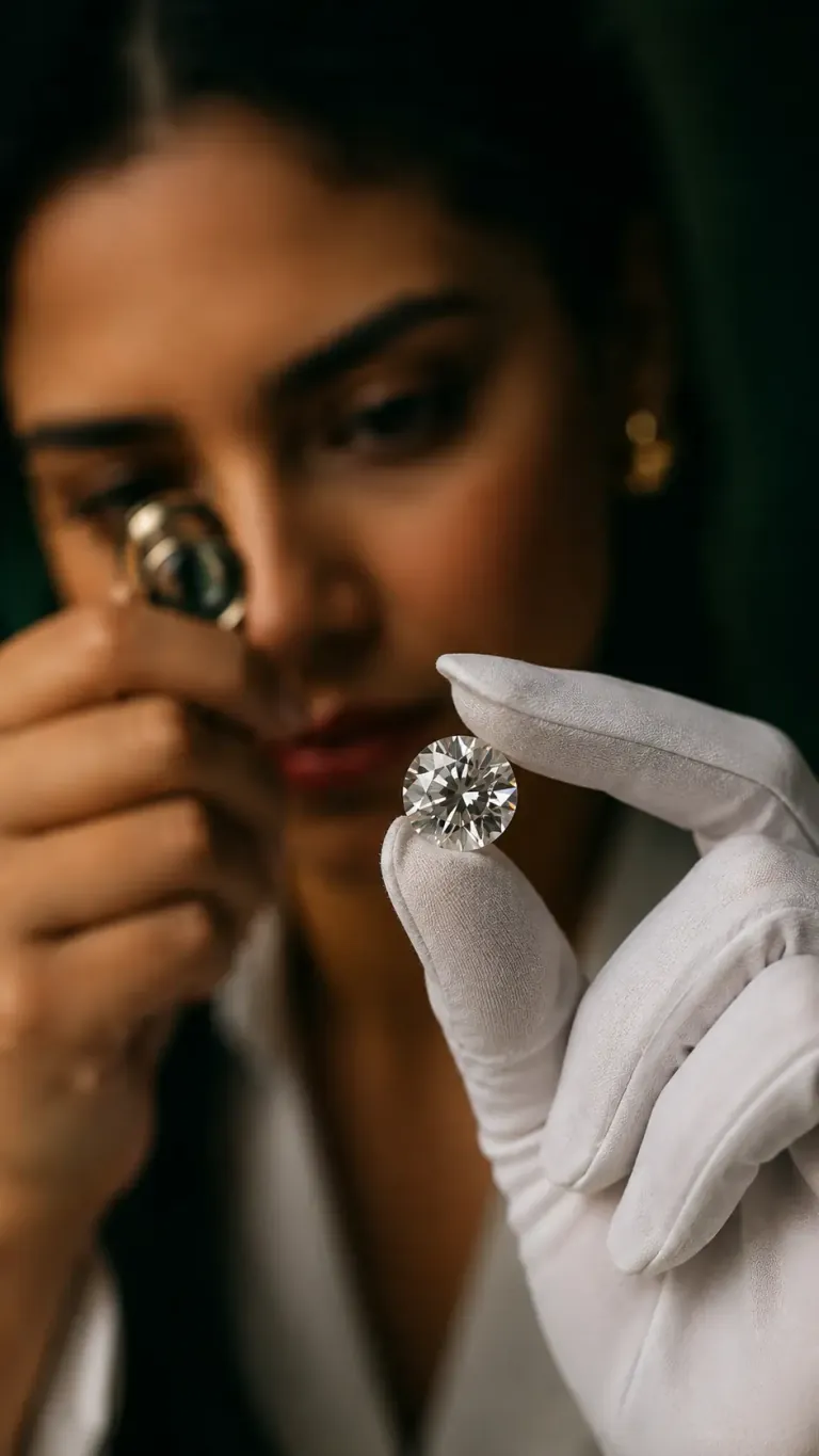 A gemmologist in white gloves examining a diamond through a loupe